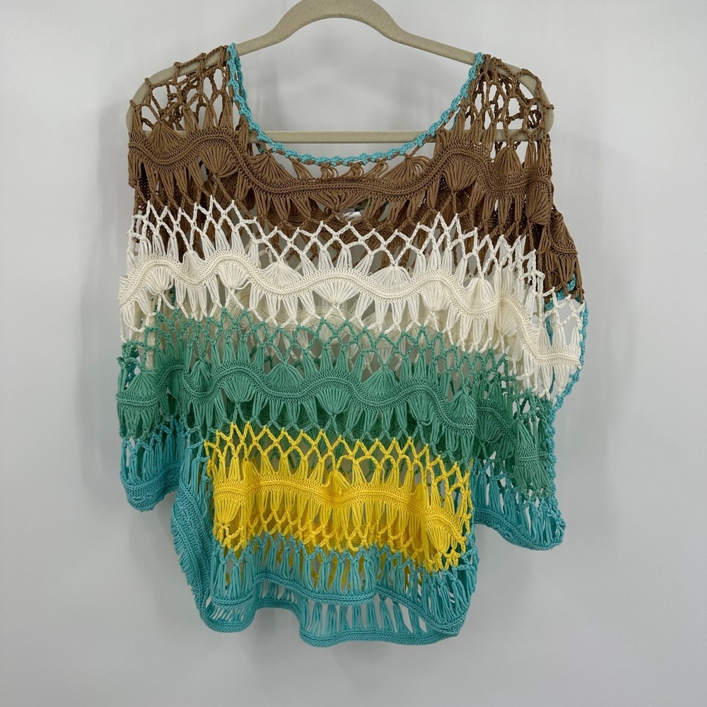Womens Boho Crochet Poncho Size L Festival Coastal Beachy Hippie Eclectic Airy‎